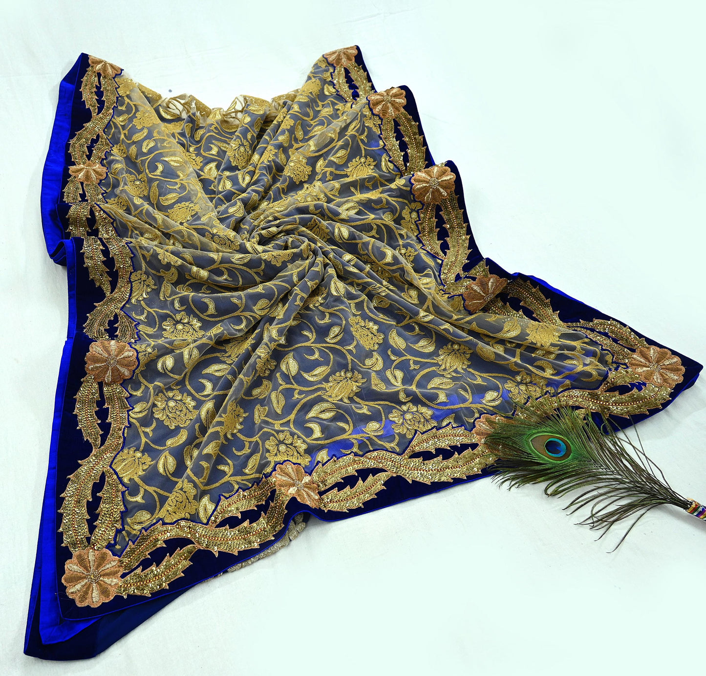 Indian Pre-owned Saree Blue Pure Georgette Silk & Net Hand Embroidered Sabyasachi Designer Sari 6Yd Soft Ethnic Bollywood Party saree