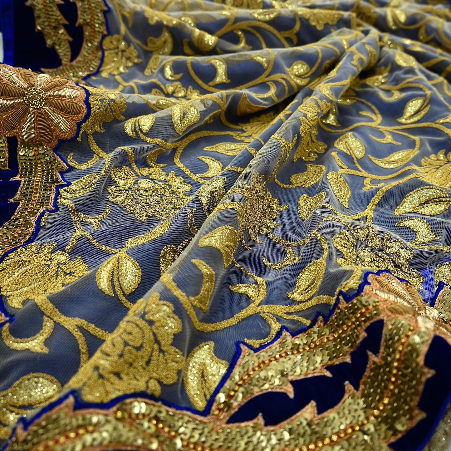 Indian Pre-owned Saree Blue Pure Georgette Silk & Net Hand Embroidered Sabyasachi Designer Sari 6Yd Soft Ethnic Bollywood Party saree