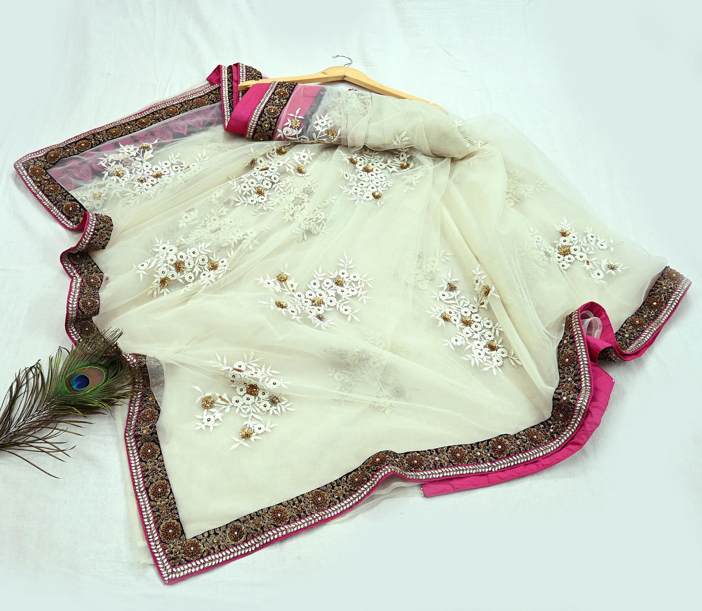Indian Pre-owned Saree White Mesh/Net Hand Embroidered Sabyasachi Designer Sari 5Yd Soft Ethnic Bollywood Party saree