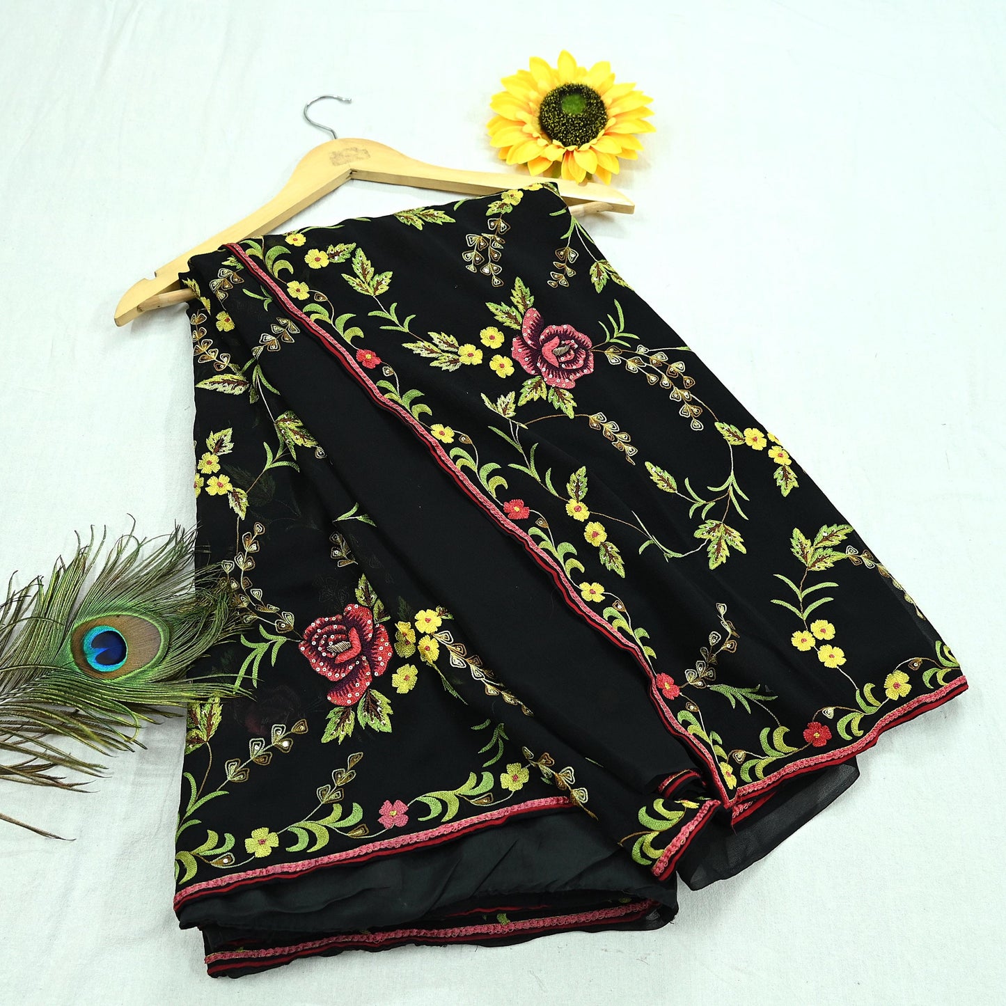 Indian Pre-owned Heavy Sari Black Pure Georgette Silk Hand Embroidered Sarees Designer Abu Jani 6Yd Sewing Ethnic Bollywood Designer Sarees