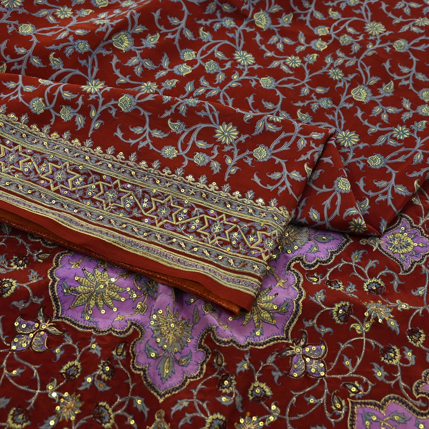 Indian Pre-Owned Sari Brown Pure Crepe Silk Pre-owned Hand Embroidered Ritu Kumar Designer Sarees Fabric 5Yd Ethnic Bollywood Party sari