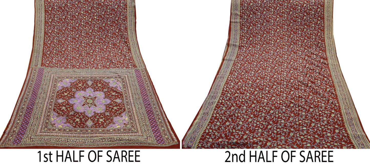Indian Pre-Owned Sari Brown Pure Crepe Silk Pre-owned Hand Embroidered Ritu Kumar Designer Sarees Fabric 5Yd Ethnic Bollywood Party sari