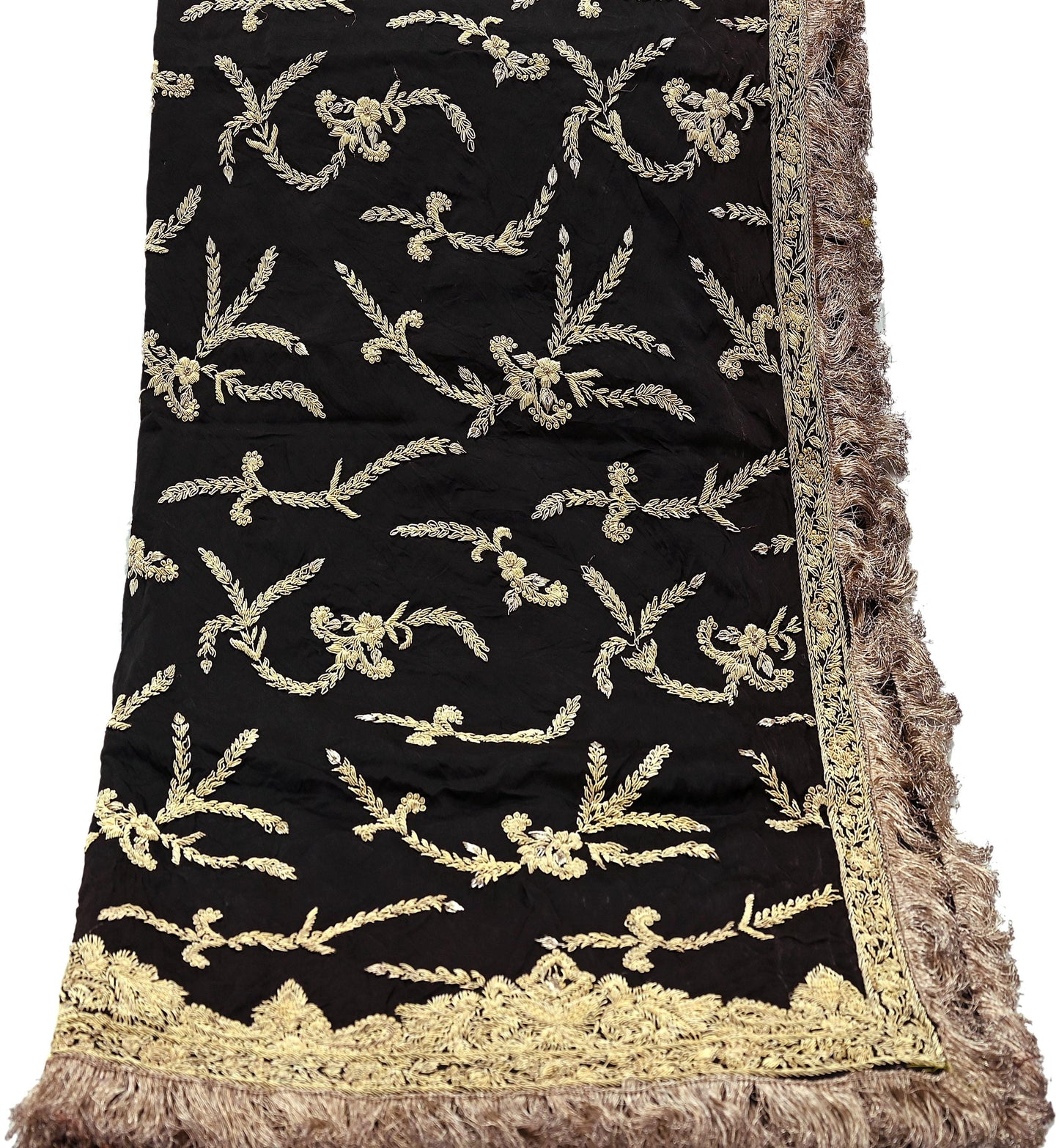 Indian Vintage Heavy Wedding Black Dupatta Pure Satin Silk Long Stole Hand Embroidered Scarves Golden Zardozi Veil Hijab Bridal Dupatta