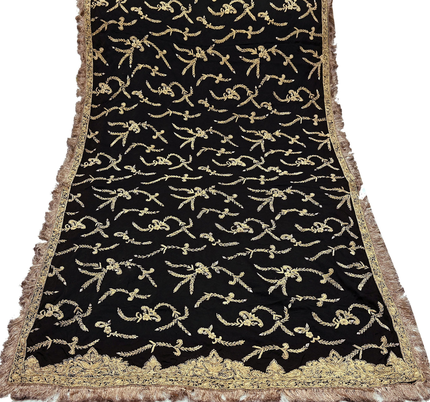 Indian Vintage Heavy Wedding Black Dupatta Pure Satin Silk Long Stole Hand Embroidered Scarves Golden Zardozi Veil Hijab Bridal Dupatta