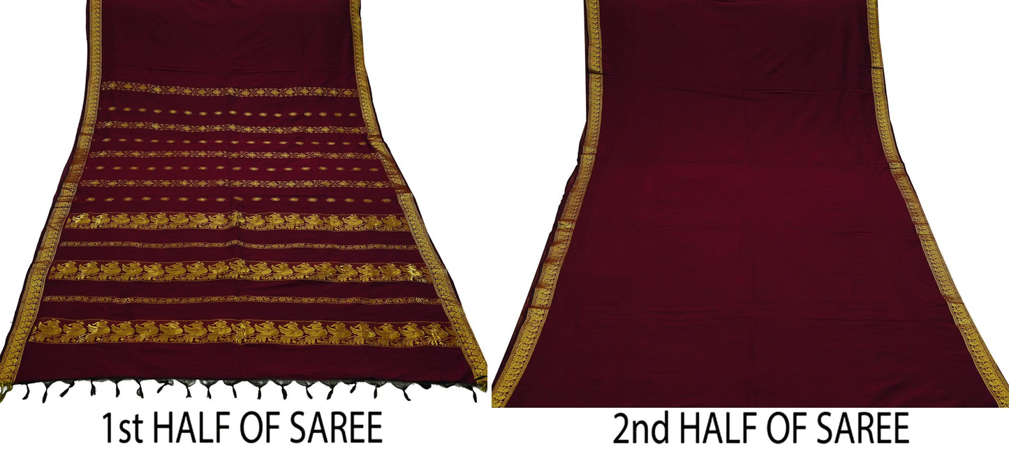 Indian Vintage Heavy Sari Maroon Hand Woven Kanjivaram Sarees Fabric 6Yd Ethnic Zari Dress making Crafting Bollywood sari