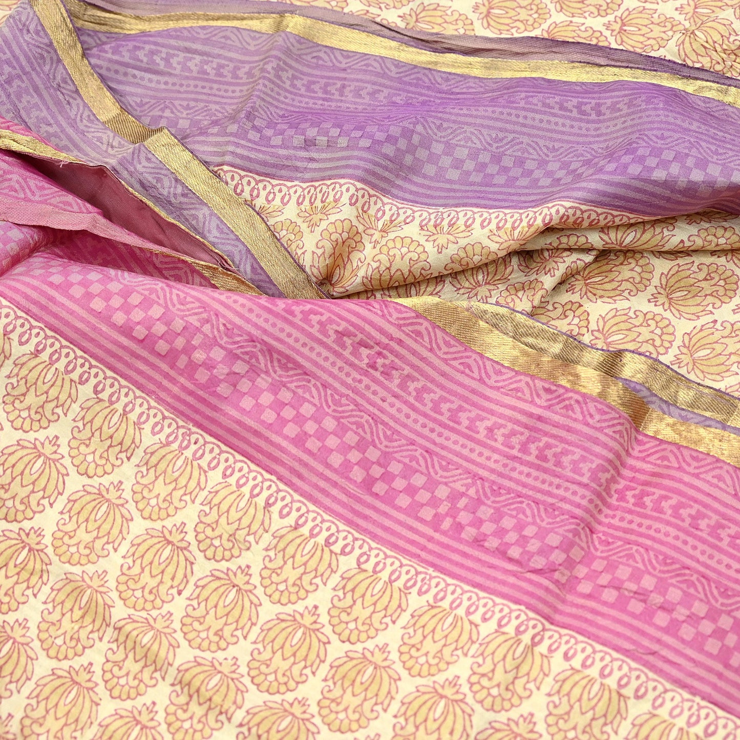Indian Vintage Heavy Sari Beige & Pink Pure Khadi Silk Handloom Saree Craft Fabric 5yd Ethnic Wear Dress making For Crafting Quilting Sewing