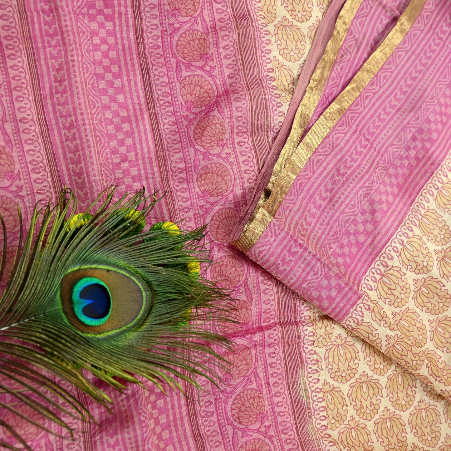 Indian Vintage Heavy Sari Beige & Pink Pure Khadi Silk Handloom Saree Craft Fabric 5yd Ethnic Wear Dress making For Crafting Quilting Sewing