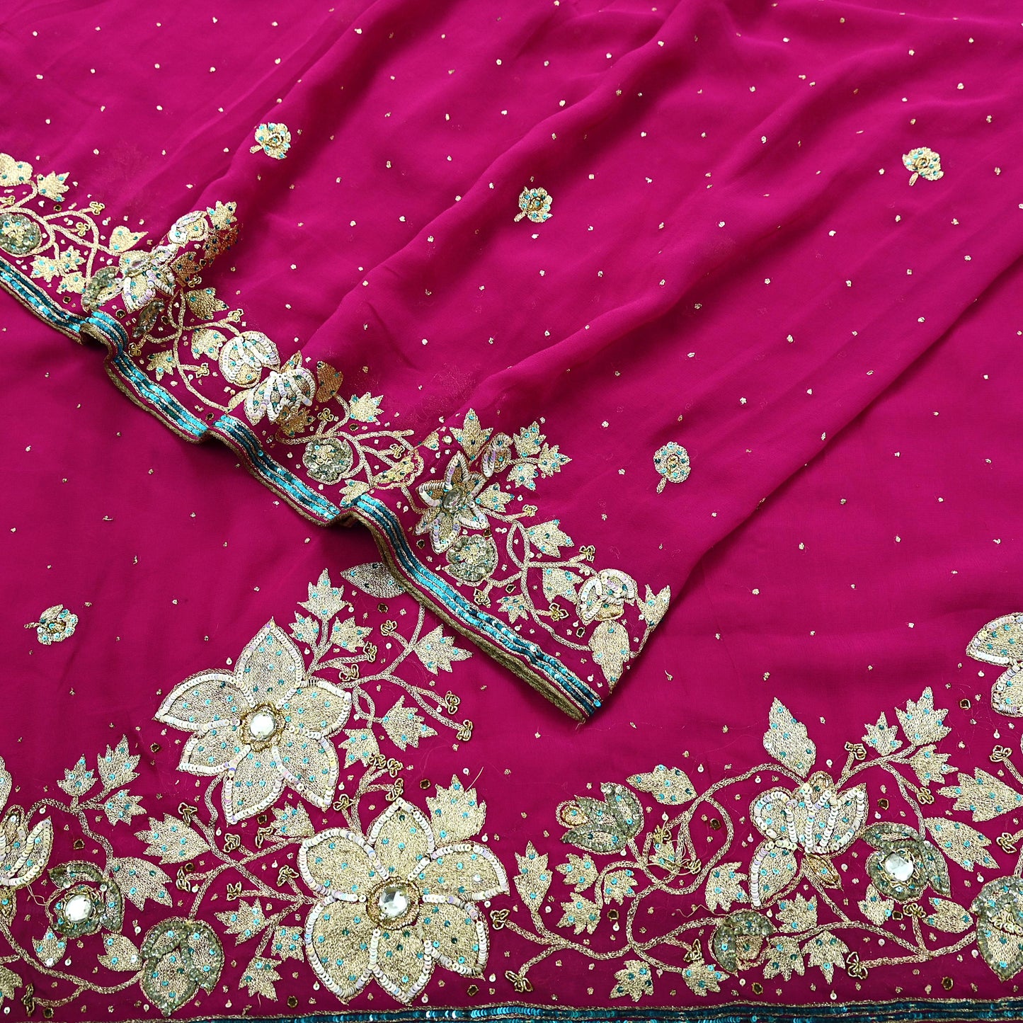 Indian Vintage Heavy Sarees Pink Pure Georgette Silk Hand Embroidered Sari Fabric 5Yd Sewing Ethnic Zardozi/dabka zari With Blouse Pcs