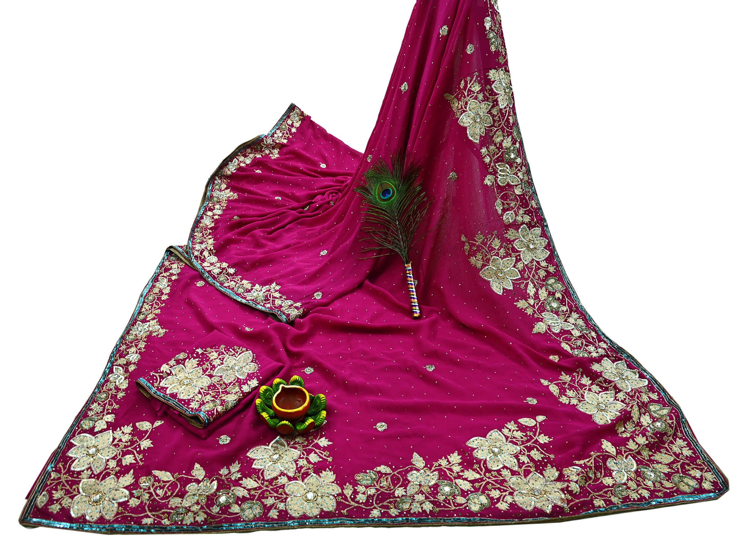 Indian Vintage Heavy Sarees Pink Pure Georgette Silk Hand Embroidered Sari Fabric 5Yd Sewing Ethnic Zardozi/dabka zari With Blouse Pcs