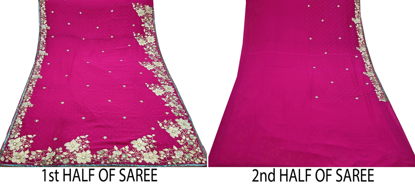 Indian Vintage Heavy Sarees Pink Pure Georgette Silk Hand Embroidered Sari Fabric 5Yd Sewing Ethnic Zardozi/dabka zari With Blouse Pcs