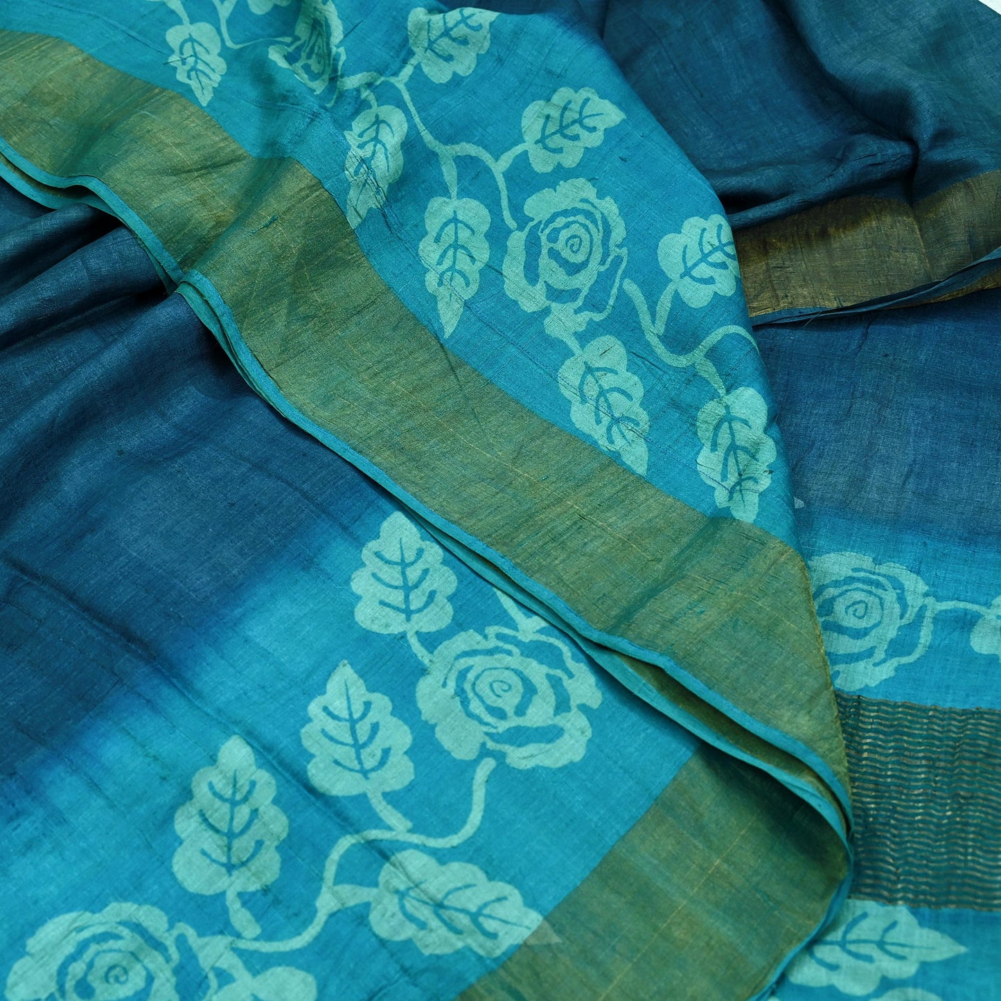 Indian Vintage Blue Saree Pure Khadi Silk Handloom Woven Zari Sari Craft Fabric 5yd Ethnic Wear Border Dress making Upcycle Fringes