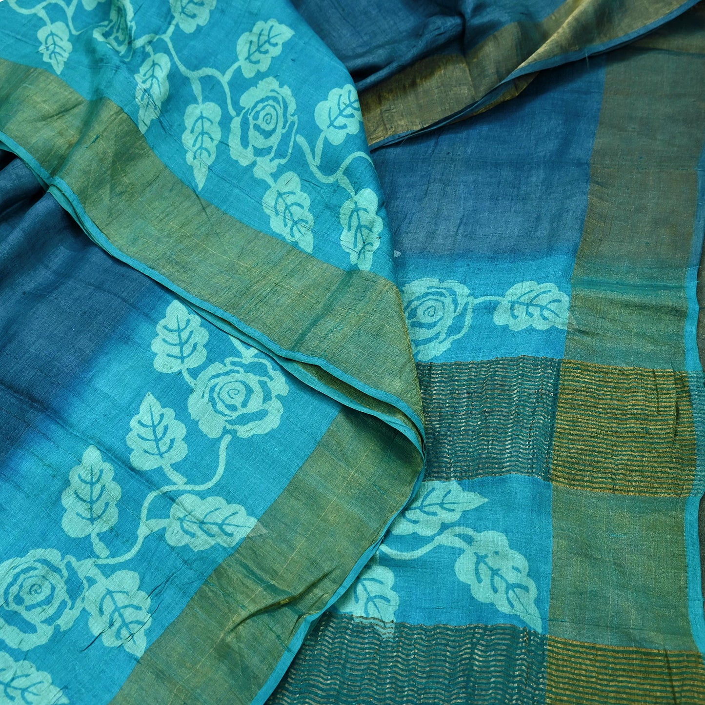 Indian Vintage Blue Saree Pure Khadi Silk Handloom Woven Zari Sari Craft Fabric 5yd Ethnic Wear Border Dress making Upcycle Fringes