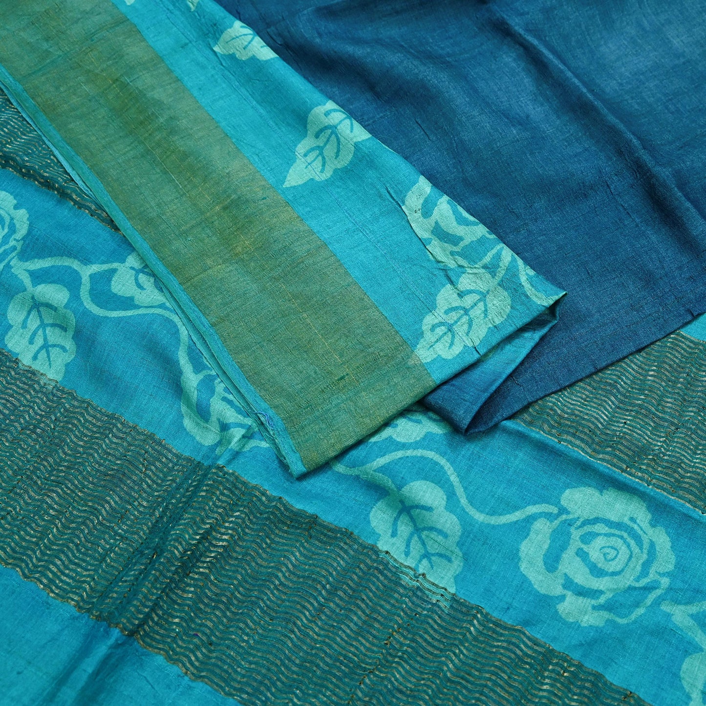 Indian Vintage Blue Saree Pure Khadi Silk Handloom Woven Zari Sari Craft Fabric 5yd Ethnic Wear Border Dress making Upcycle Fringes