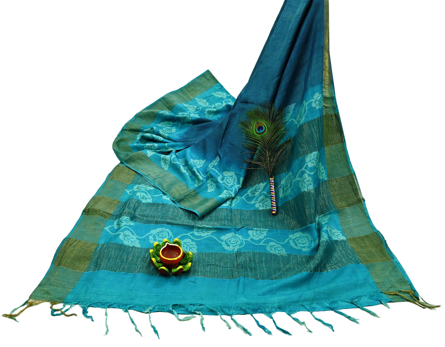Indian Vintage Blue Saree Pure Khadi Silk Handloom Woven Zari Sari Craft Fabric 5yd Ethnic Wear Border Dress making Upcycle Fringes
