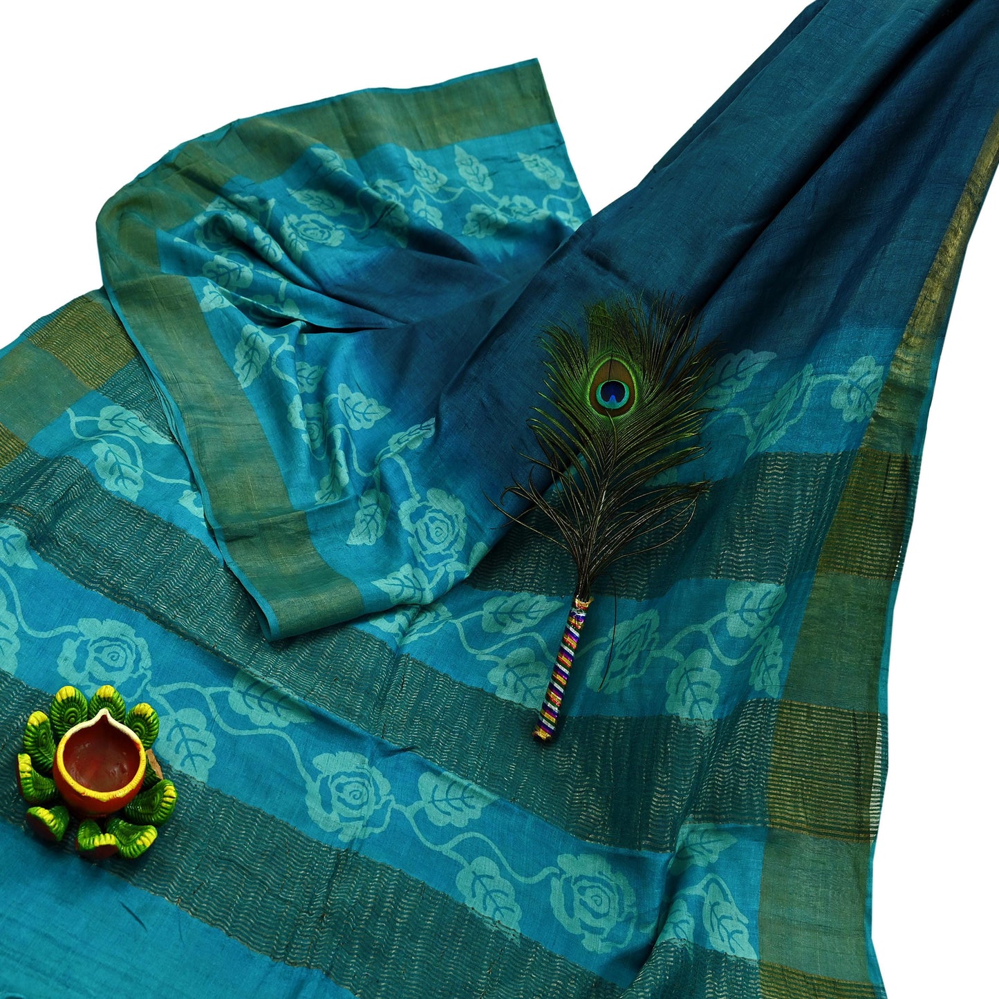 Indian Vintage Blue Saree Pure Khadi Silk Handloom Woven Zari Sari Craft Fabric 5yd Ethnic Wear Border Dress making Upcycle Fringes