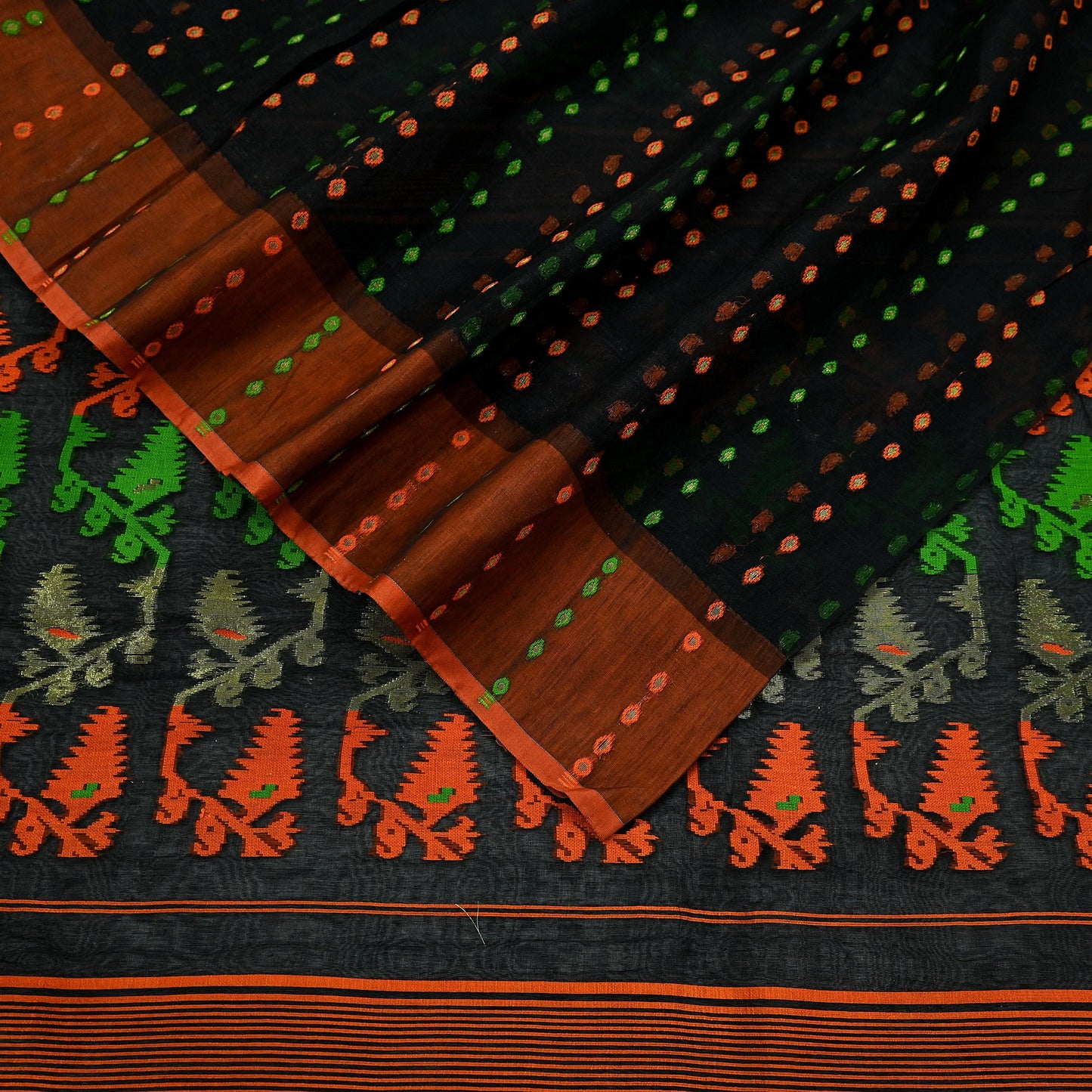 Indian Vintage Sarees Black Cotton Hand Woven Jamdani Sari 5yd Ethnic Floral Craft Fabric Dress making Upcycle Crafting Quilting
