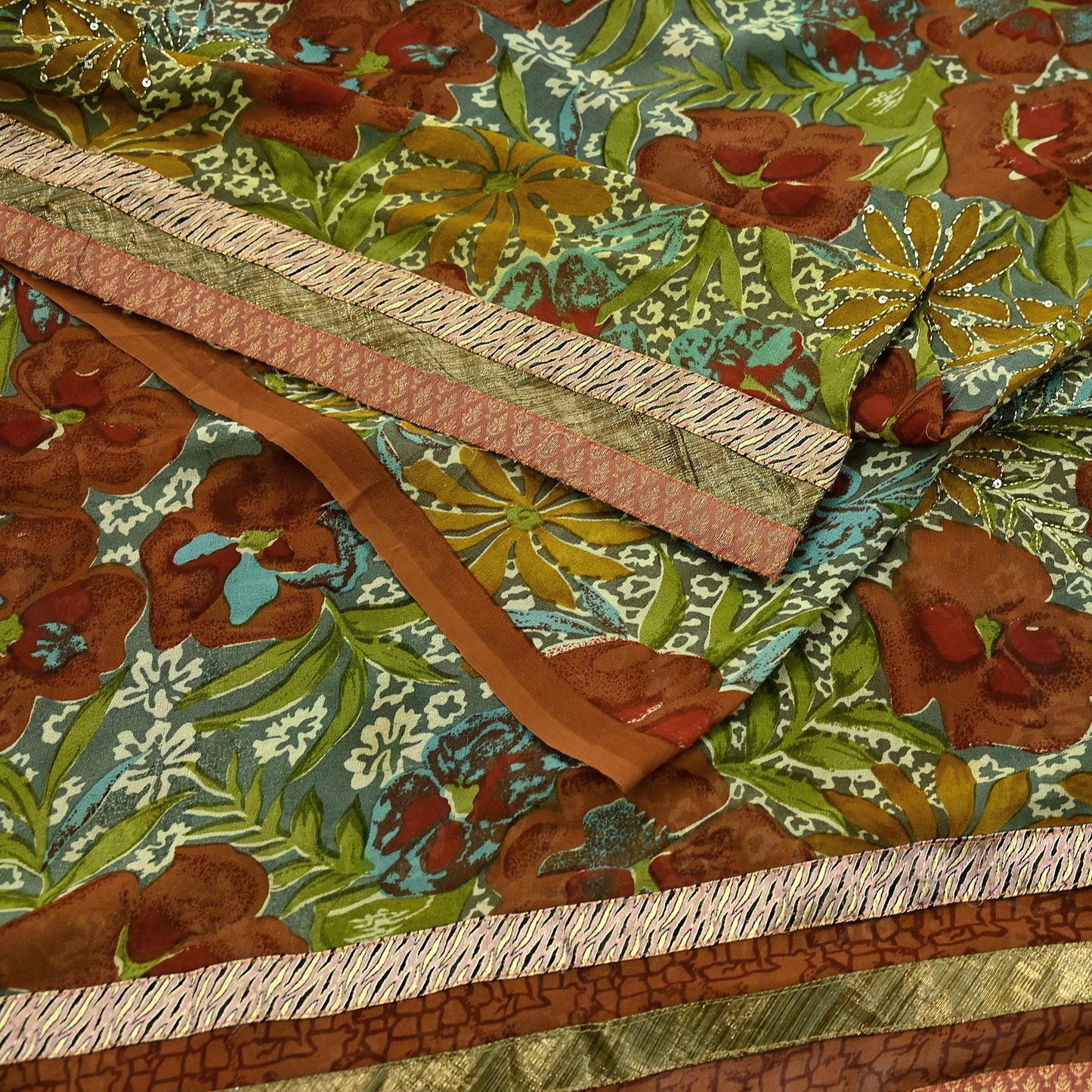 Indian Vintage Green Saree Pure Georgette Silk Hand Embroidered Sari Craft Fabric 5Yd Ethnic Soft Dress making Crafting Quilting
