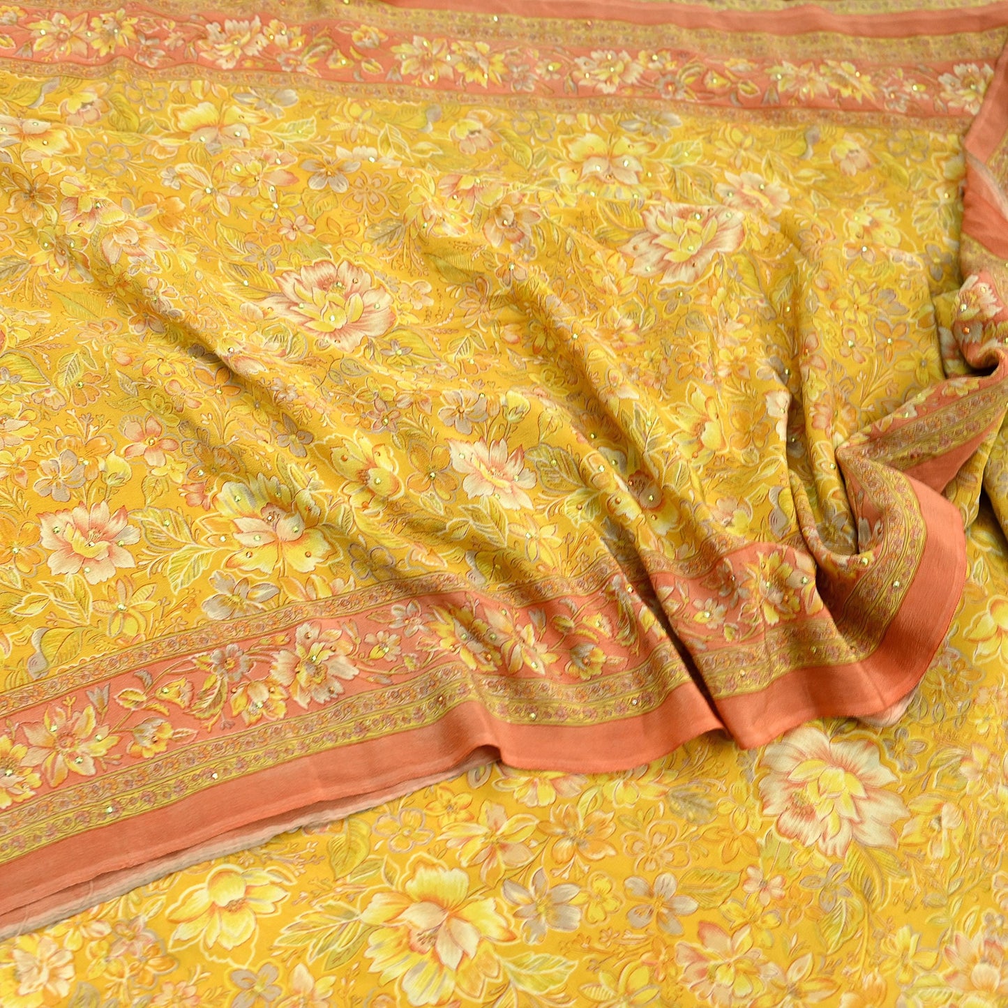 Indian Vintage Sari Pure Crepe Silk Hand Embroidered Saree 6yd Sewing Floral Craft Fabric Dress making For Crafting Quilting Upcycle