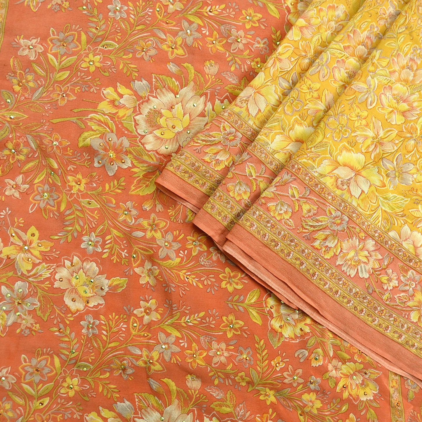 Indian Vintage Sari Pure Crepe Silk Hand Embroidered Saree 6yd Sewing Floral Craft Fabric Dress making For Crafting Quilting Upcycle