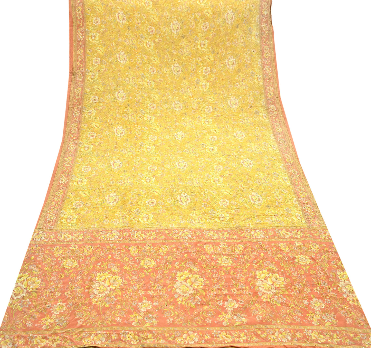 Indian Vintage Sari Pure Crepe Silk Hand Embroidered Saree 6yd Sewing Floral Craft Fabric Dress making For Crafting Quilting Upcycle