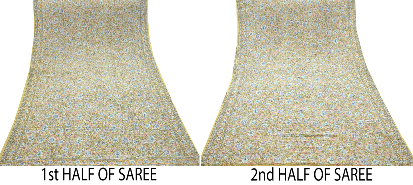 Indian Vintage Sari Beige Pure Crepe Silk Printed Sarees 5yd Sewing Floral Soft Craft Fabric Wrap Dress making Upcycle Crafting Upcycle