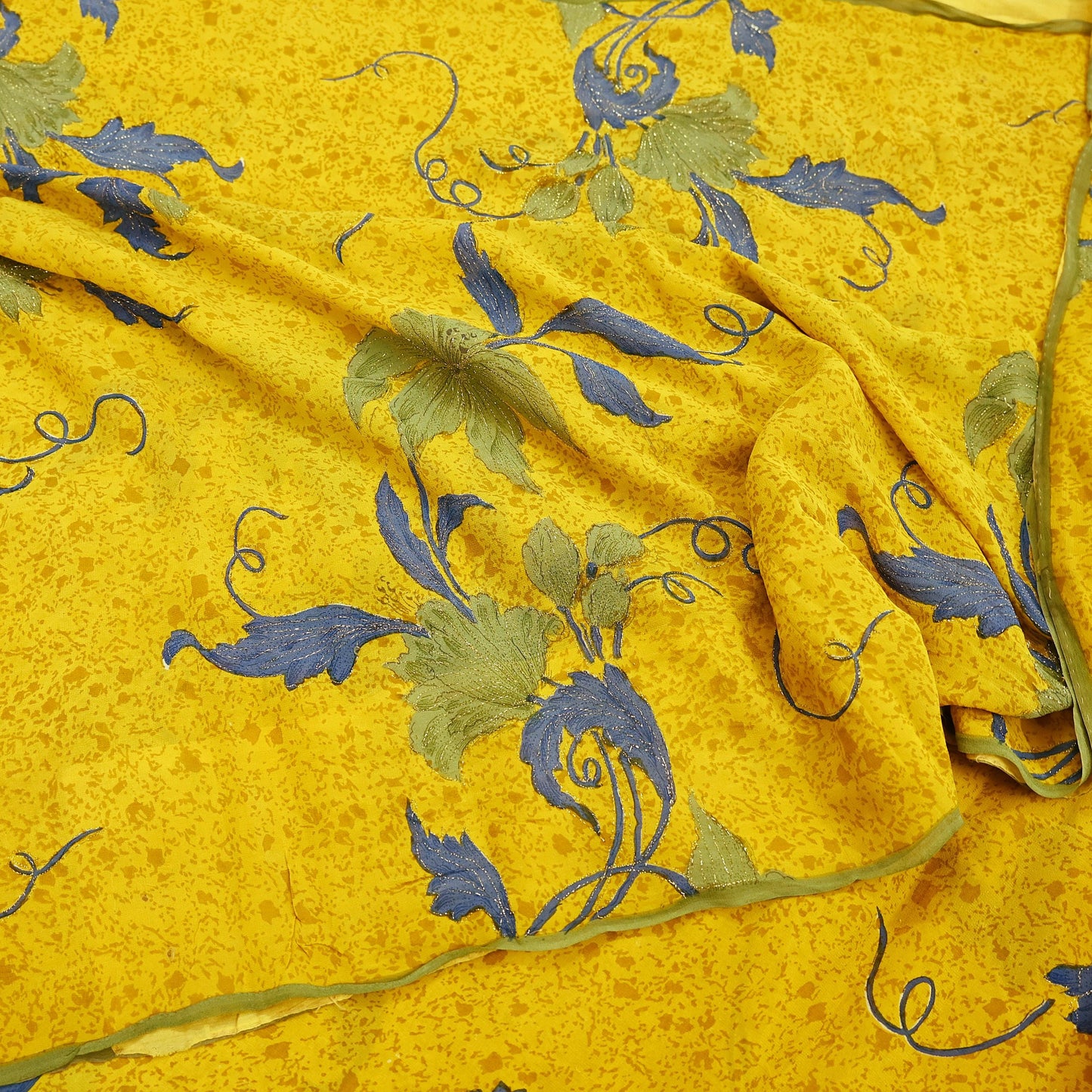 Indian Vintage Yellow Saree Pure Georgette Silk Hand Embroidered Printed Sari Craft Fabric Sewing 5Yd Soft Light Dress Making Floral