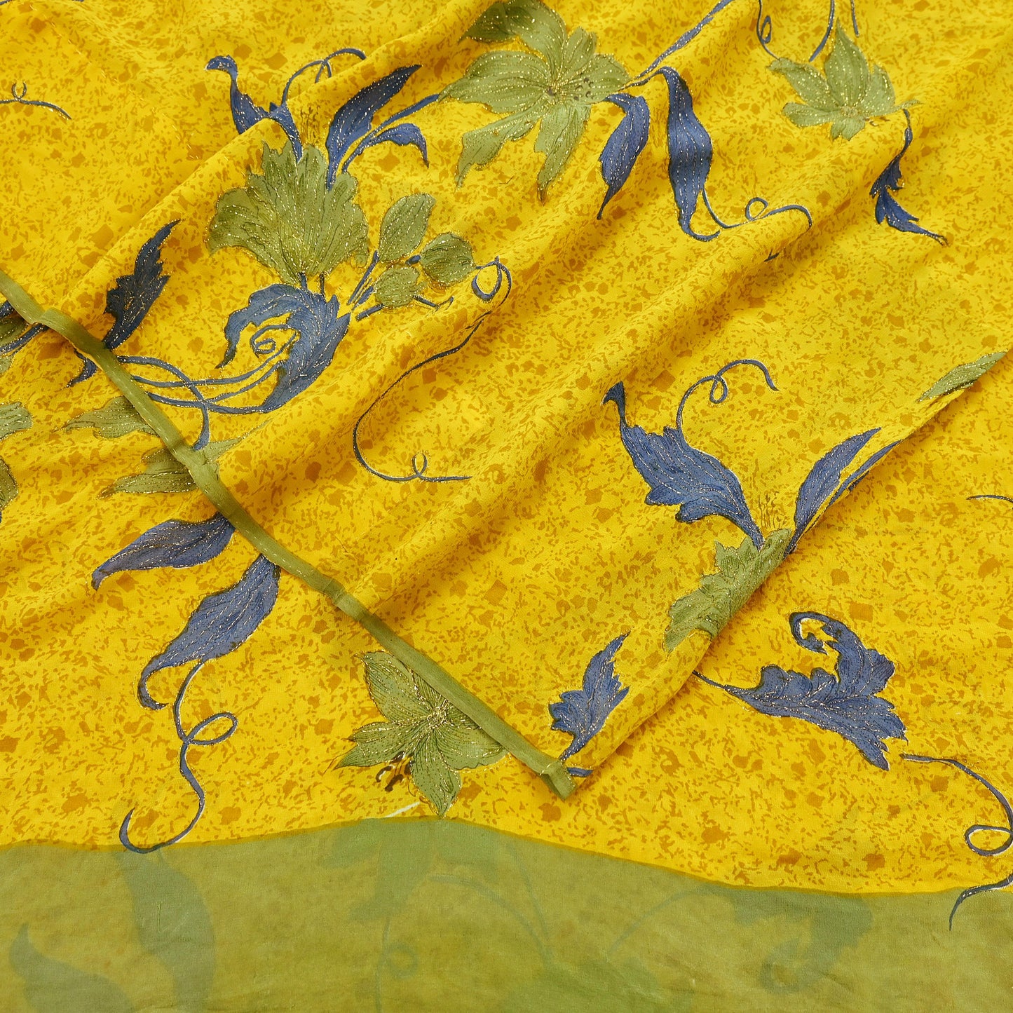 Indian Vintage Yellow Saree Pure Georgette Silk Hand Embroidered Printed Sari Craft Fabric Sewing 5Yd Soft Light Dress Making Floral