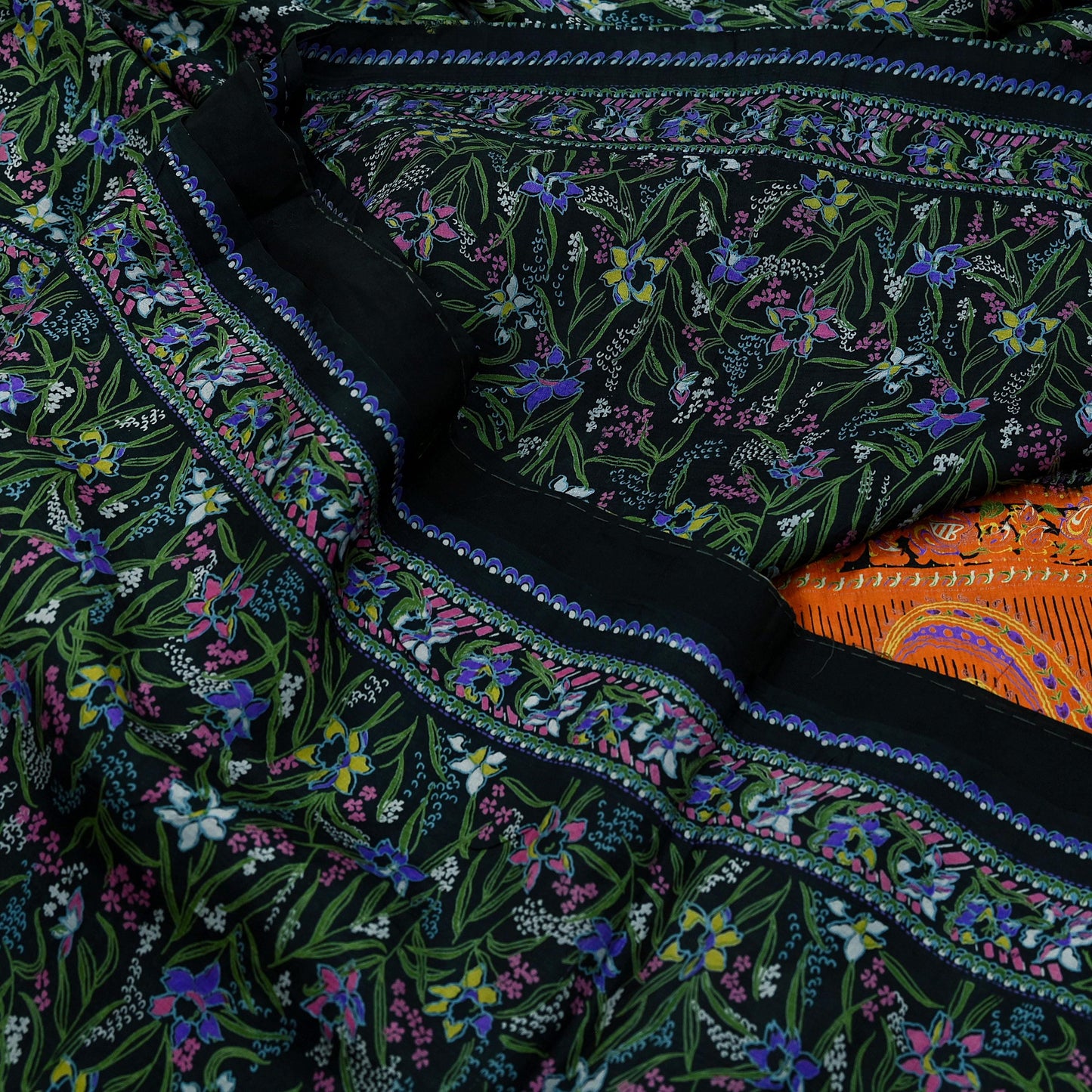 Indian Vintage Black & Orange Saree 100% Pure Silk Printed Sari Craft Fabric 5yd Sewing DressMaking Soft Quilting Upcycle For Crafting