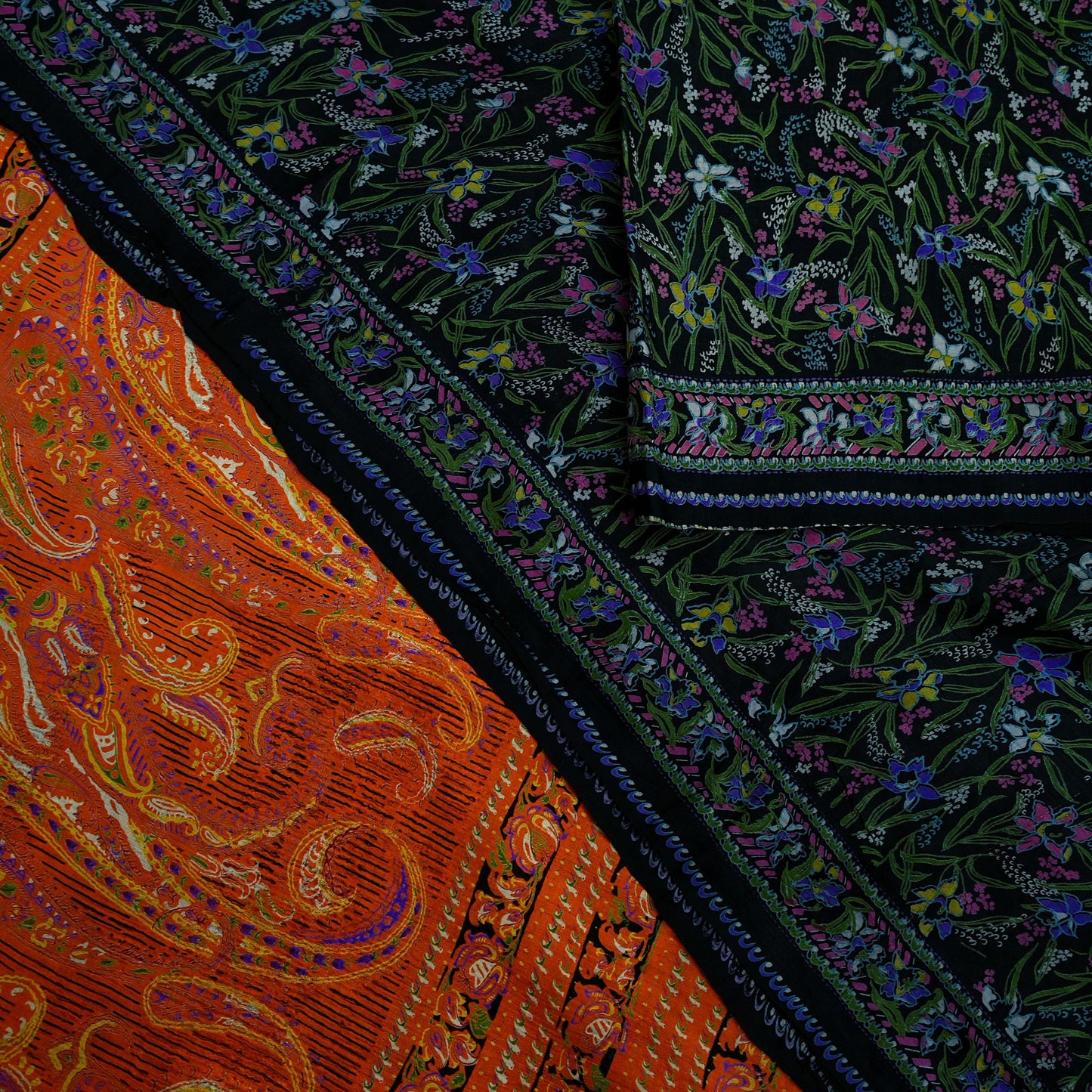 Indian Vintage Black & Orange Saree 100% Pure Silk Printed Sari Craft Fabric 5yd Sewing DressMaking Soft Quilting Upcycle For Crafting