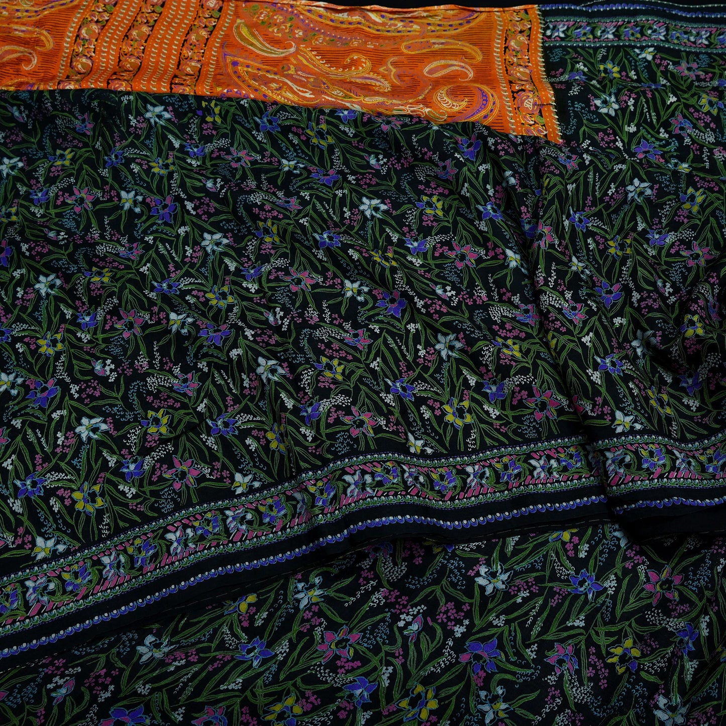 Indian Vintage Black & Orange Saree 100% Pure Silk Printed Sari Craft Fabric 5yd Sewing DressMaking Soft Quilting Upcycle For Crafting