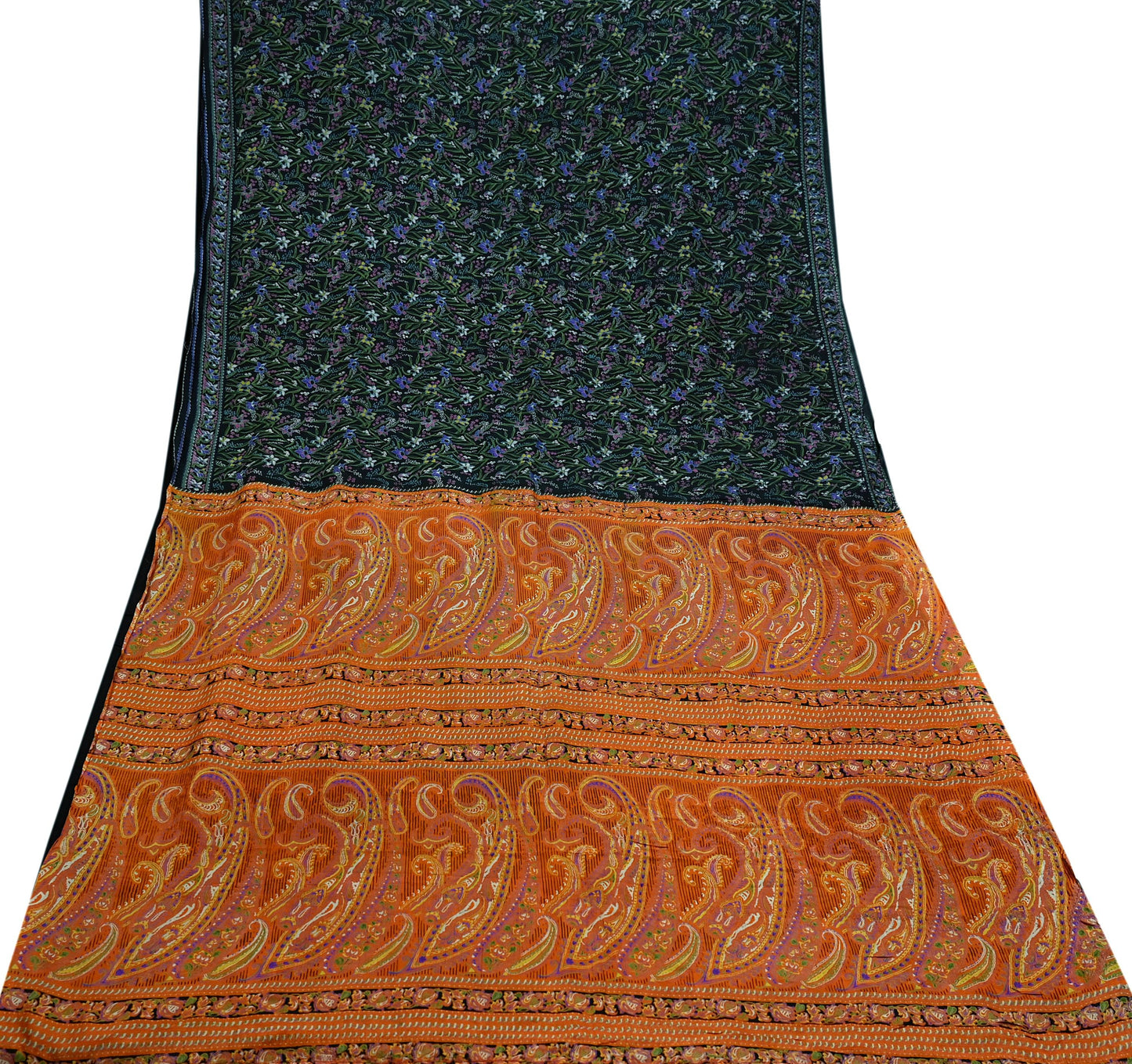 Indian Vintage Black & Orange Saree 100% Pure Silk Printed Sari Craft Fabric 5yd Sewing DressMaking Soft Quilting Upcycle For Crafting