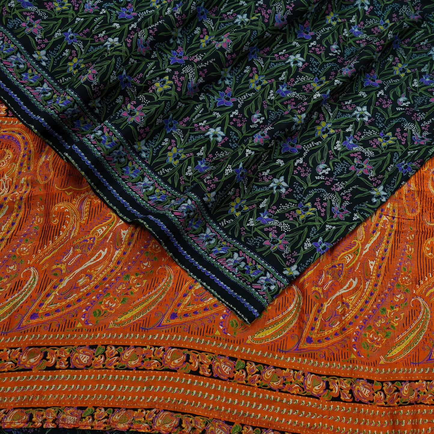 Indian Vintage Black & Orange Saree 100% Pure Silk Printed Sari Craft Fabric 5yd Sewing DressMaking Soft Quilting Upcycle For Crafting