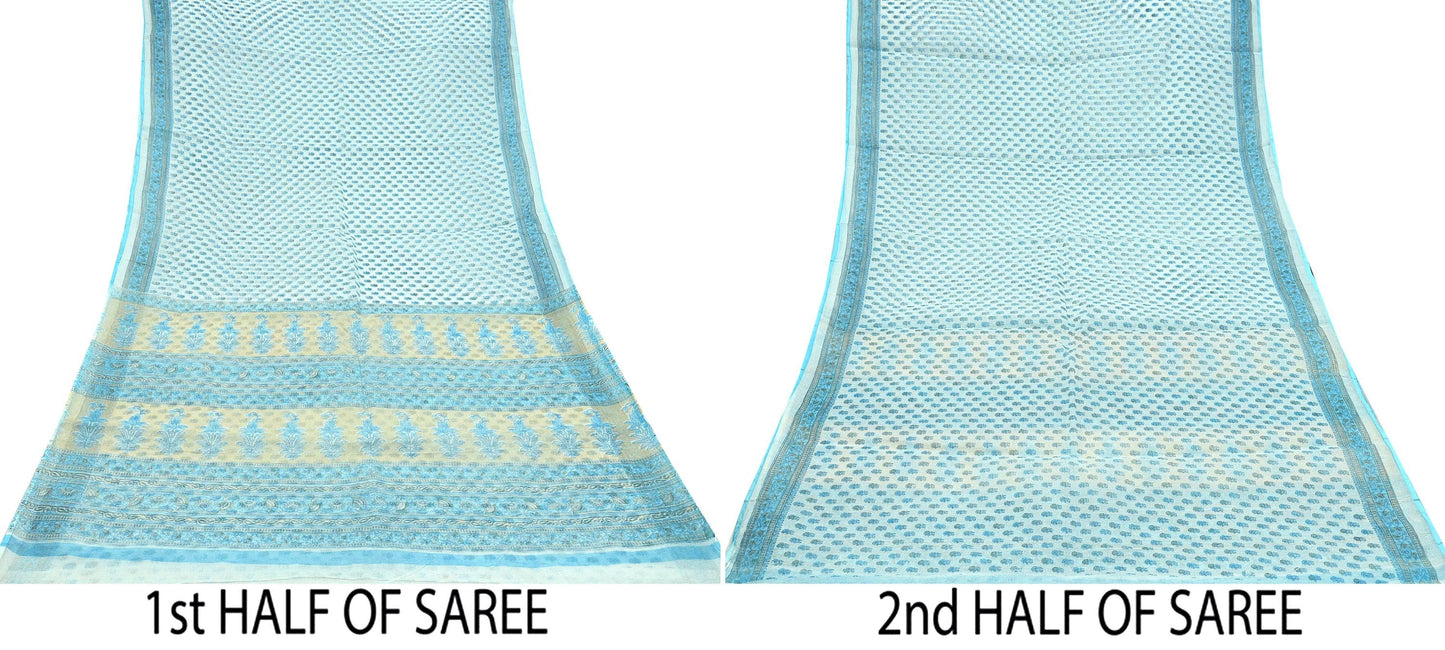 Indian Vintage Sari White & Blue Printed 100% Pure Cotton Sarees Craft Fabric 5Yd Sewing Sarong Wrap Boho Floral Quilting Crafting