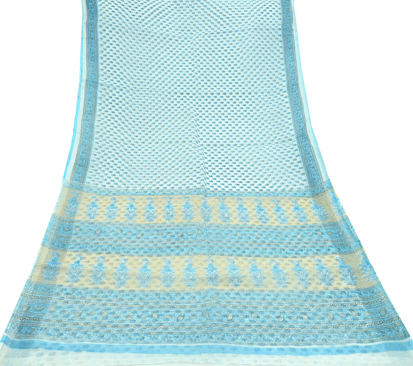 Indian Vintage Sari White & Blue Printed 100% Pure Cotton Sarees Craft Fabric 5Yd Sewing Sarong Wrap Boho Floral Quilting Crafting