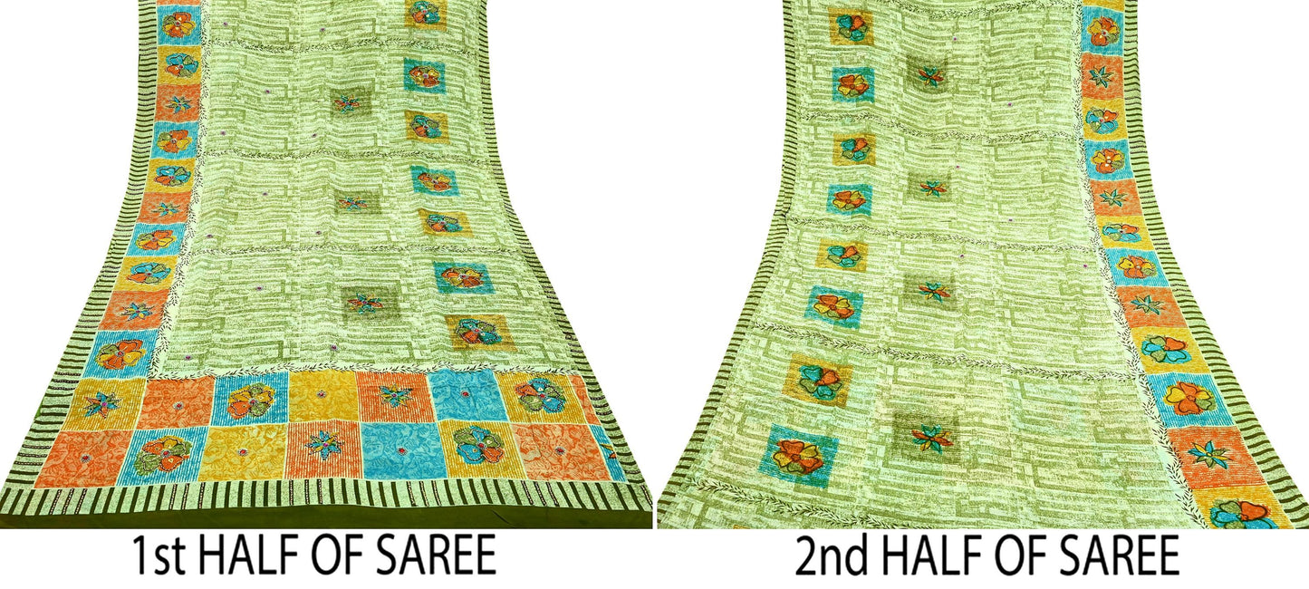 Indian Vintage Sari Ivory & Green Pure Crepe Silk Hand Embroidered Saree 5yd Sewing Floral Craft Sequins Dress making Crafting Quilting