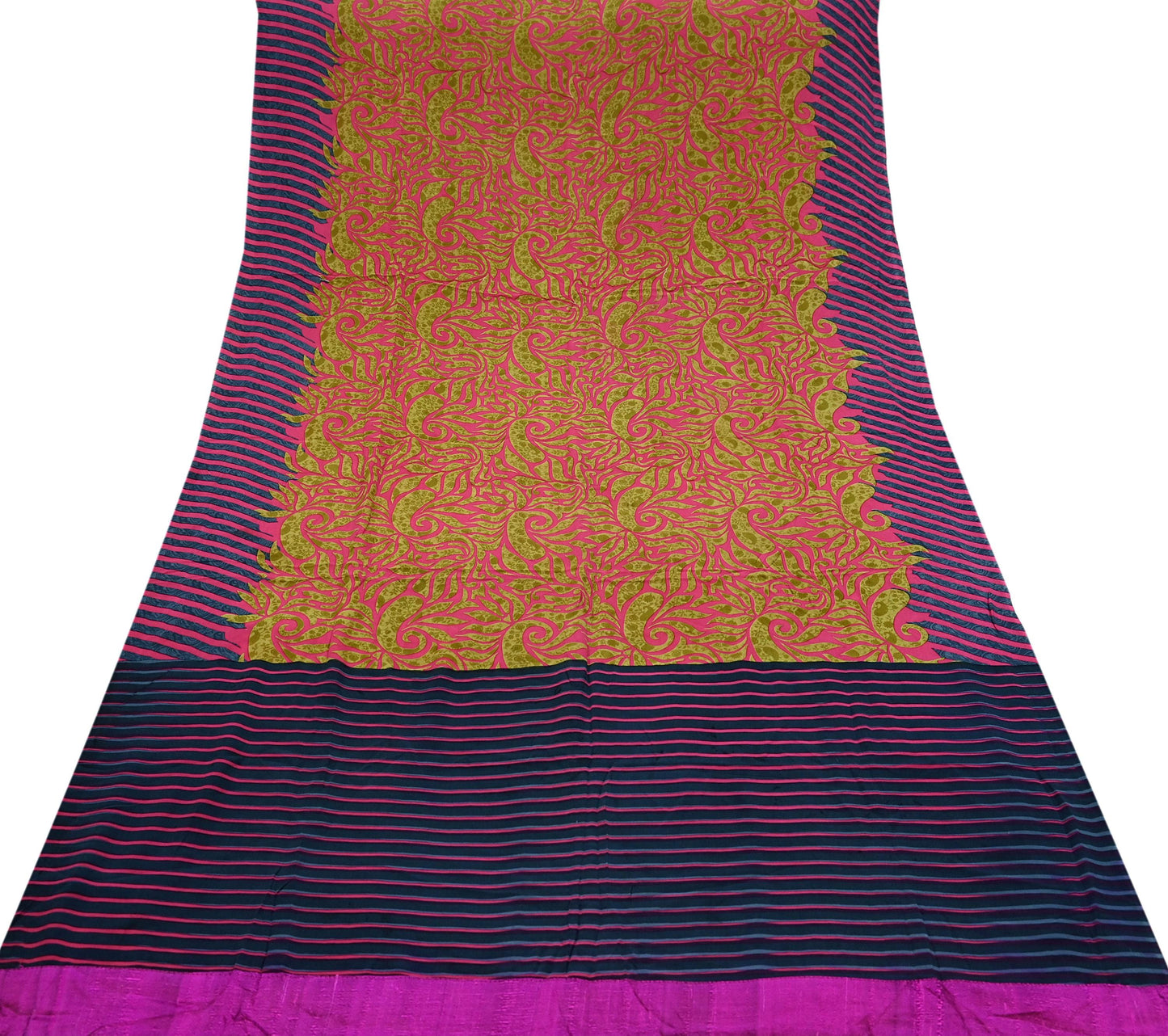 Indian Vintage Sari Green & Pink Pure Crepe Silk Printed Saree 5yd Sewing Floral Soft Craft Fabric Wrap Dress making Crafting Quilting