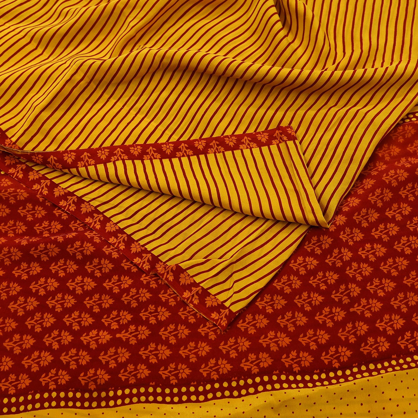 Indian Vintage Sari Red & Yellow Pure Crepe Silk Printed Sarees 5yd Sewing Floral Soft Craft Fabric Wrap Dress Making Crafting Quilting