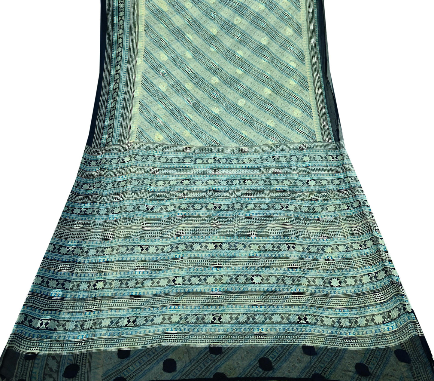 Indian Vintage Sari Ivory & Blue Pure Chiffon Silk Printed Sarees 6Yd Craft Fabric Sewing Soft Dress Making Upcycle Quilting