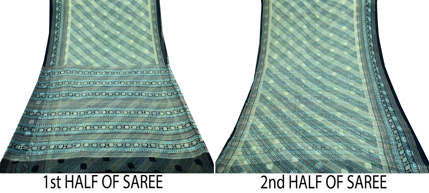 Indian Vintage Sari Ivory & Blue Pure Chiffon Silk Printed Sarees 6Yd Craft Fabric Sewing Soft Dress Making Upcycle Quilting