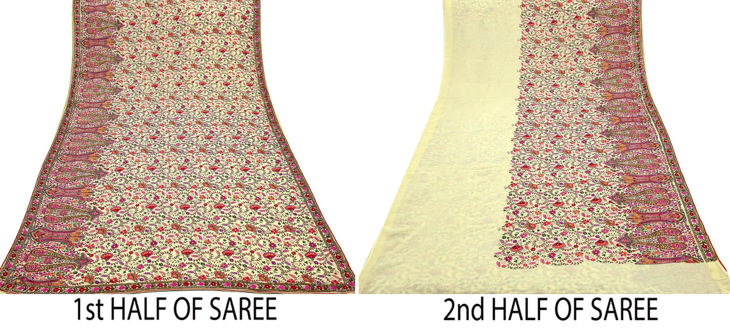 Indian Pre-owned Heavy Sari Beige Pure Georgette Silk Hand Embroidered Sarees Designer Abu Jani 5Yd Sewing Ethnic Sarees