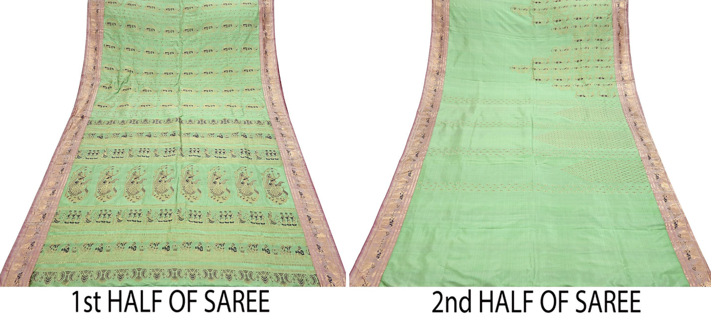 Antique look Indian Vintage Green Woven Baluchari Sari Sarees 100% Pure Silk Sari Craft Fabric Metallic Zari 5Yd Dress making For Crafting