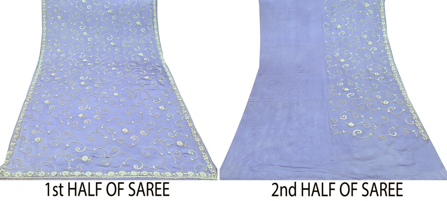 Indian Vintage Heavy Saree Purple 100% Pure Satin Silk Hand Embroidered Sari Fabric 6Yd Sewing Soft Zardozi/Dabka Dress Making Quilting