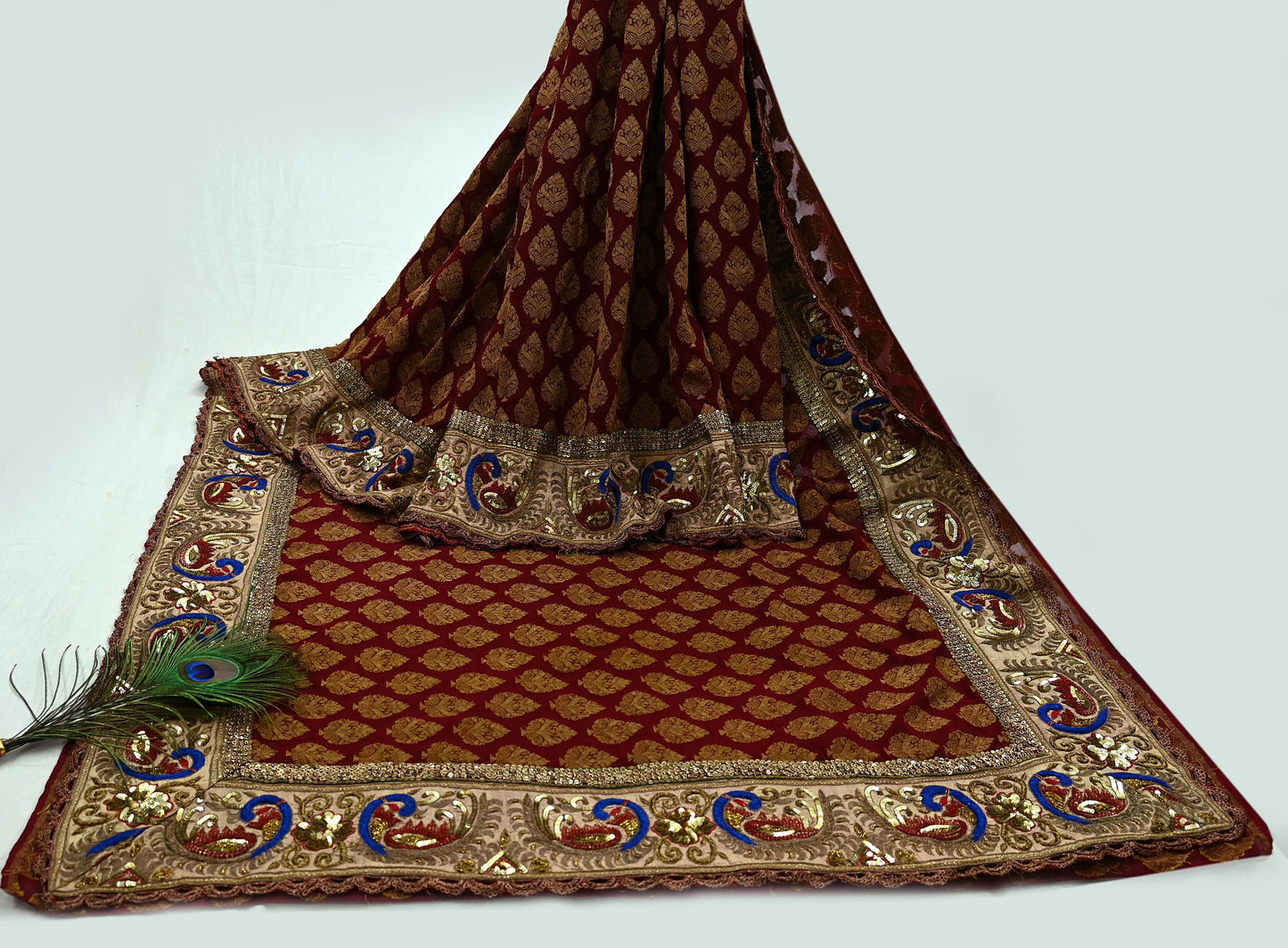 Indian Pre-Owned Sari Maroon Pure Georgette Silk Hand Embroidered Designer Manish Malhotra Sarees Ethnic Zardozi/Dabka Zari Wedding Saree