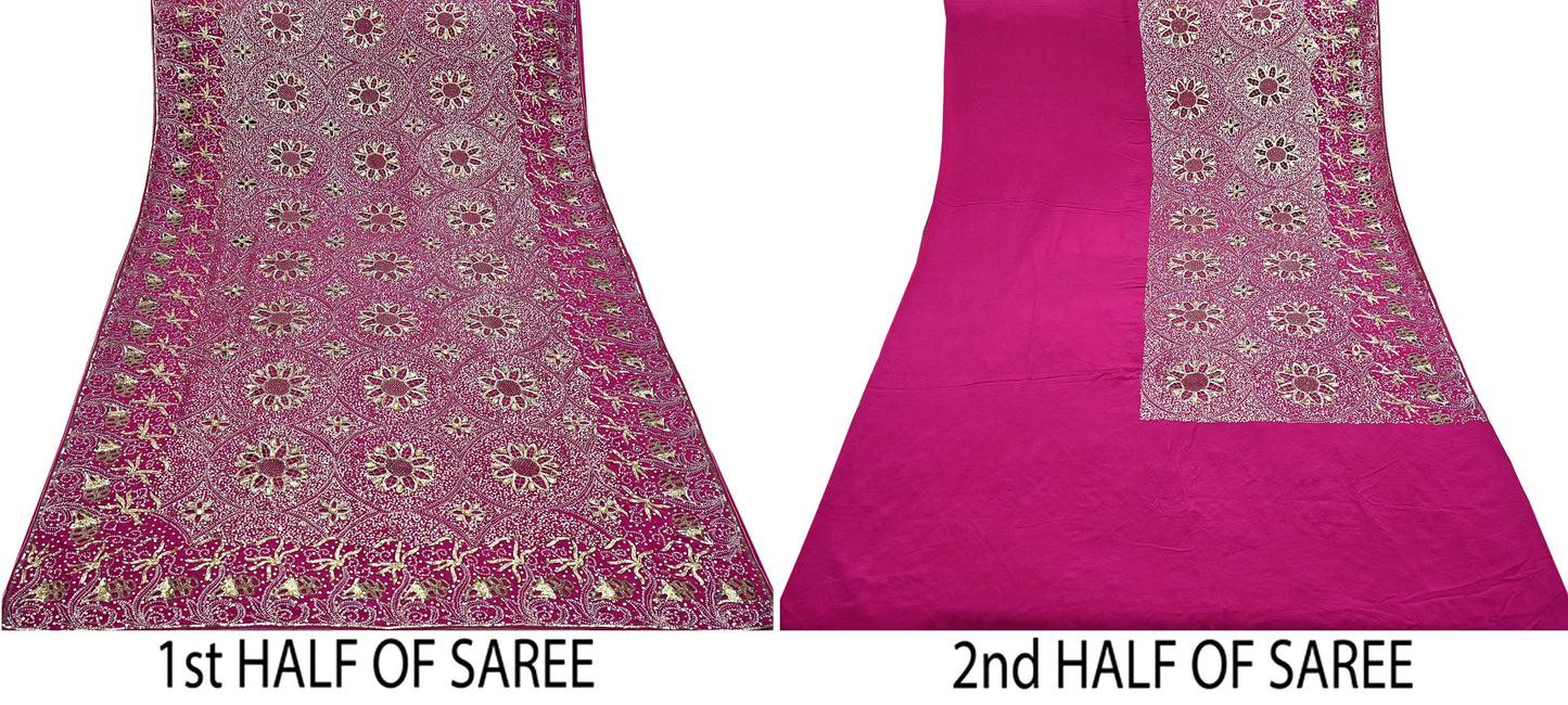 Indian Vintage Pink Saree Pure Crepe Silk Hand Embroidered Sari Fabric 5Yd Sewing Soft Zardozi/Dabka Dress making Dress Designing Crafting