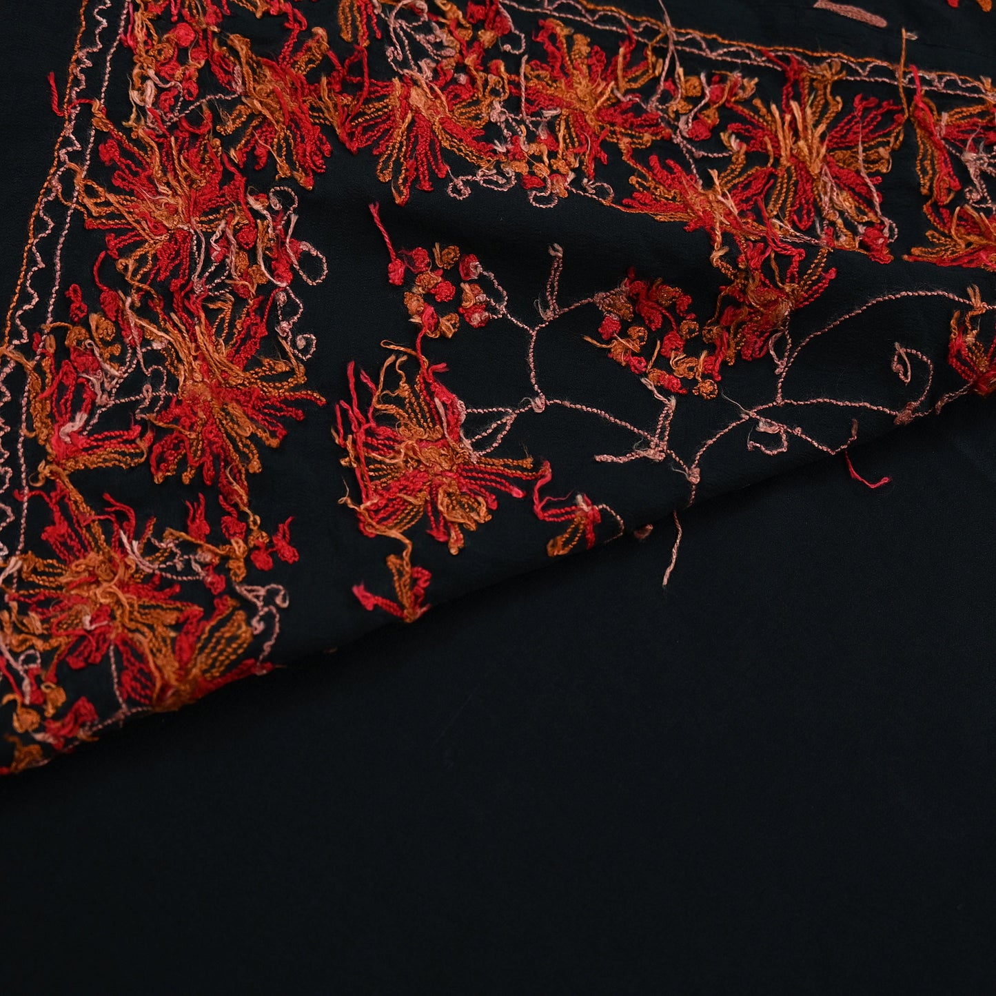 Indian Antique Vintage Heavy Sari Black Pure Crepe Silk Kashmiri Ari Hand Embroidered Sarees 5Yd Sewing Ethnic Dress making Crafting
