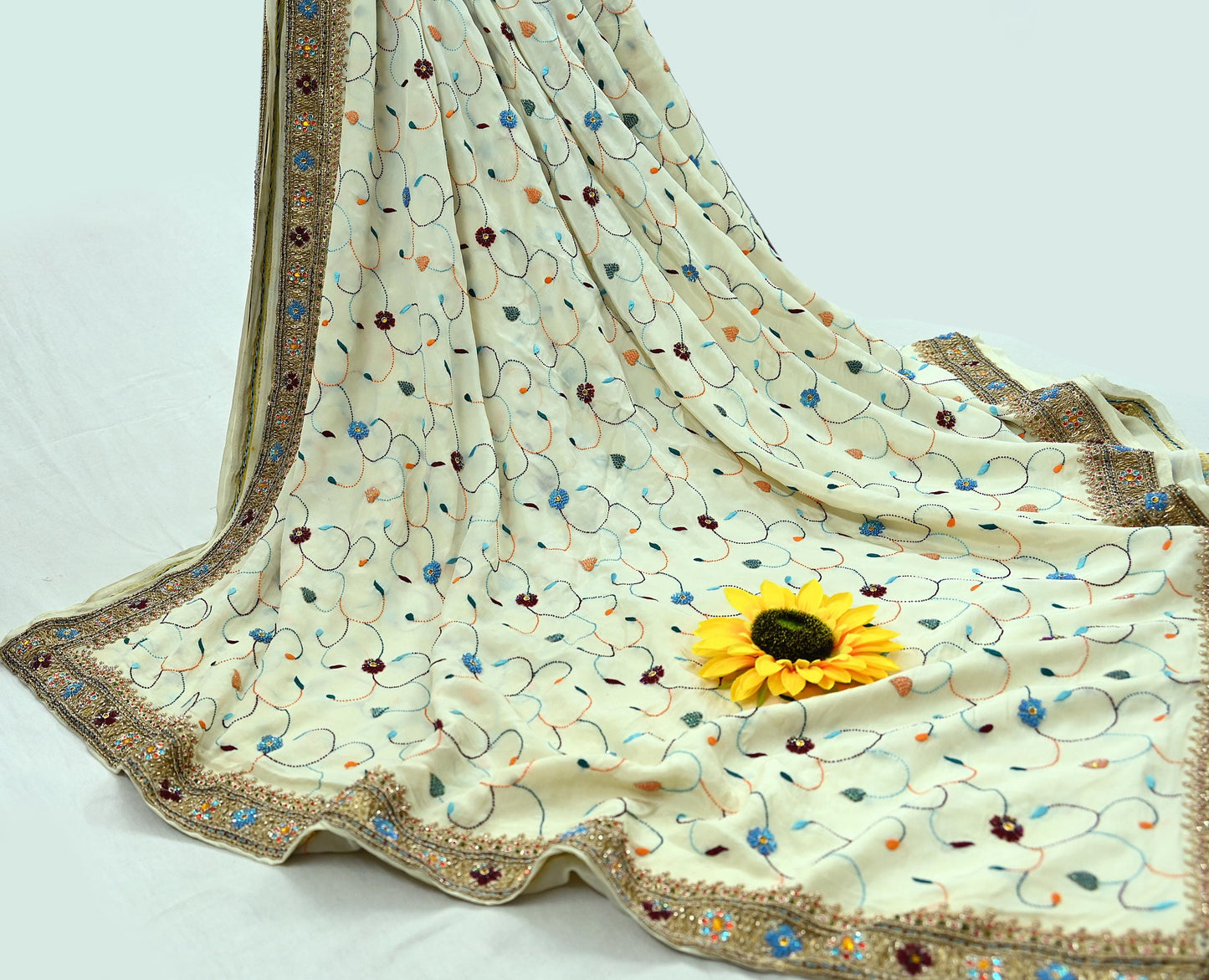 Indian Vintage Heavy Sari Off-White Pure Crepe Silk Hand Embroidered Parsi Sarees Craft Fabric 5Yd Sewing Dress making Blouse Fabric