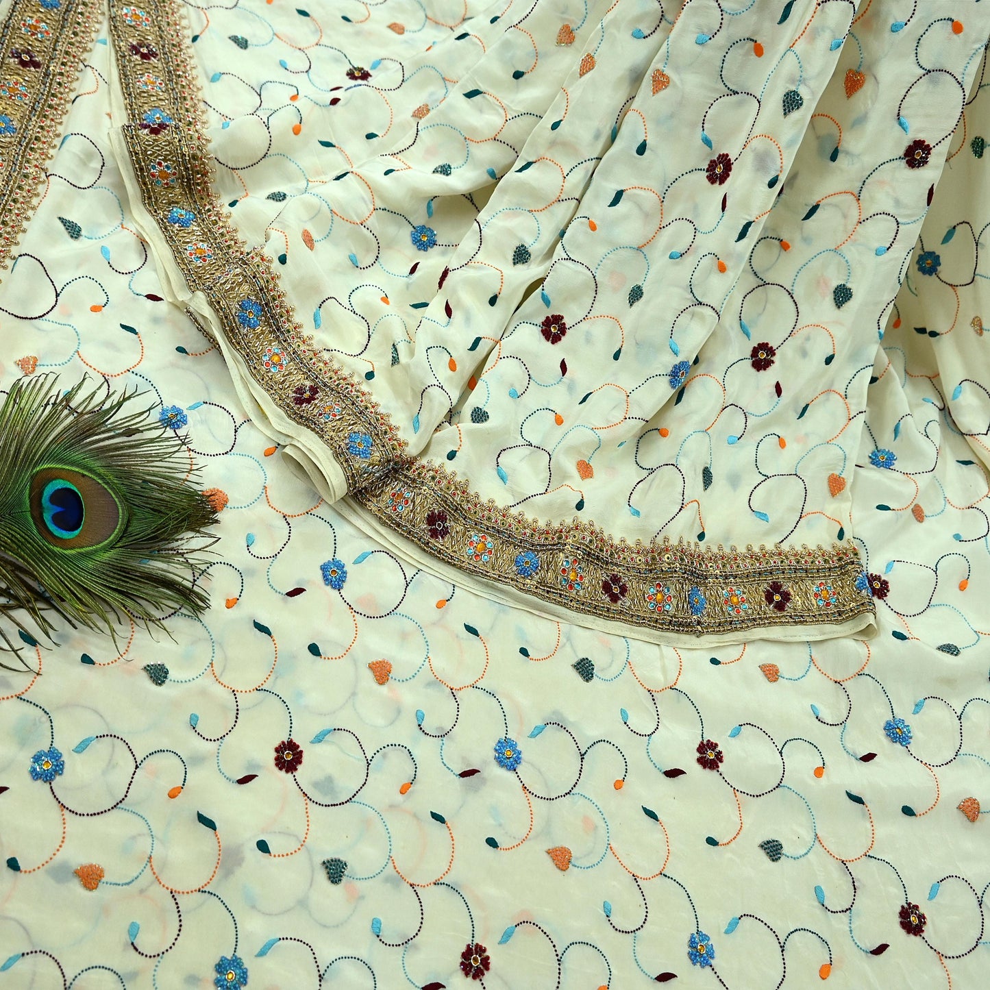 Indian Vintage Heavy Sari Off-White Pure Crepe Silk Hand Embroidered Parsi Sarees Craft Fabric 5Yd Sewing Dress making Blouse Fabric