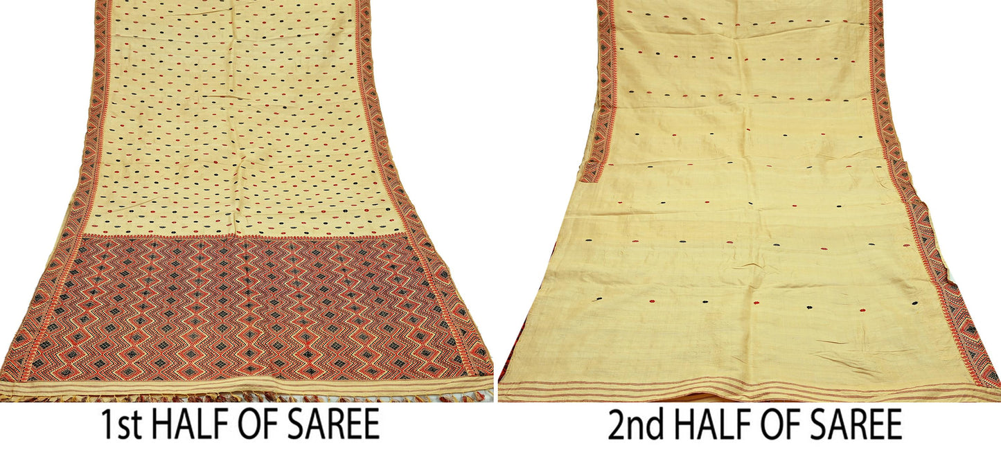 Indian Vintage Beige Saree Pure Khadi Silk Hand Embroidered Sari Handloom Craft Fabric 5yd Ethnic Wear Border Dress making Upcycle Fringes