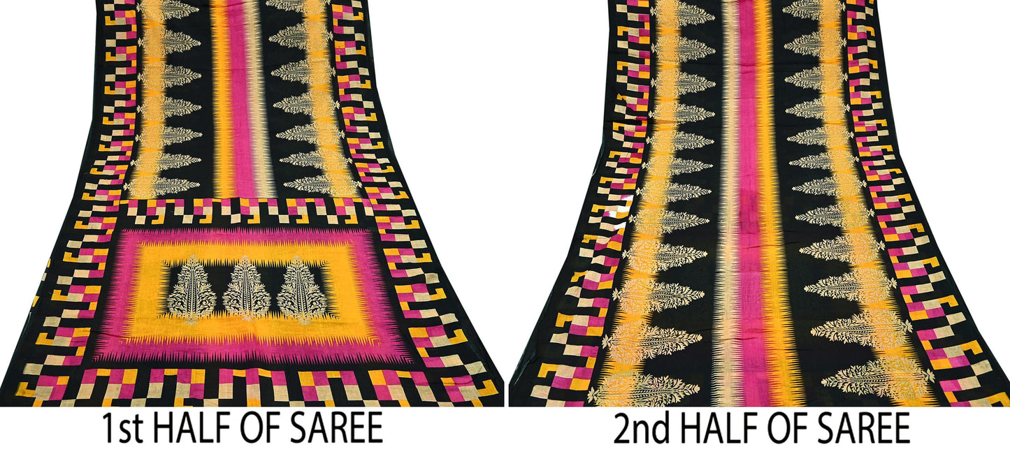 Indian Vintage Sari Pink & Black Printed 100% Pure Cotton Saree Soft Craft Fabric 5Yd Sewing Sarong Wrap Boho Dress Making Crafting Quilting