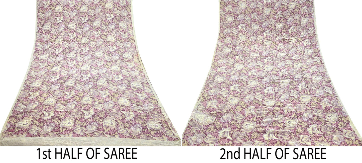 Indian Vintage Beige & Purple Saree Pure Crepe Silk Printed Sari Craft Fabric 5yd Sewing Floral Soft Dress making For Crafting Quilting